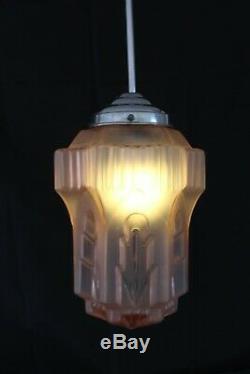 French Art Deco Pink Glass Skyscraper Chrome Fittings Pendant Light Working VGC