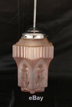 French Art Deco Pink Glass Skyscraper Chrome Fittings Pendant Light Working VGC