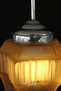 French Art Deco Pink Glass Skyscraper Chrome Fittings Pendant Light Working VGC