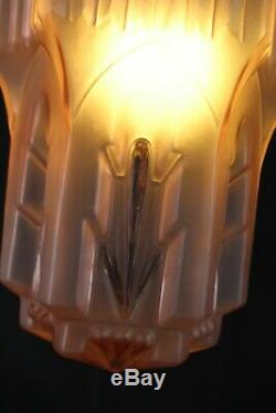 French Art Deco Pink Glass Skyscraper Chrome Fittings Pendant Light Working VGC