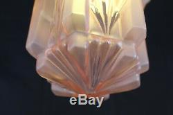 French Art Deco Pink Glass Skyscraper Chrome Fittings Pendant Light Working VGC