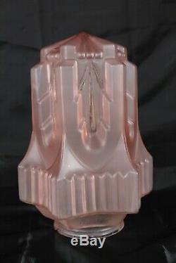 French Art Deco Pink Glass Skyscraper Chrome Fittings Pendant Light Working VGC