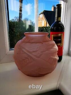 French/Czech Art Deco Pink Opaque Storks Art Glass Vase C1930's