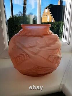 French/Czech Art Deco Pink Opaque Storks Art Glass Vase C1930's