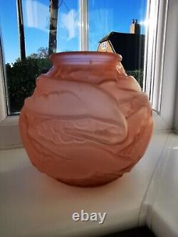 French/Czech Art Deco Pink Opaque Storks Art Glass Vase C1930's
