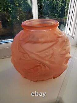 French/Czech Art Deco Pink Opaque Storks Art Glass Vase C1930's