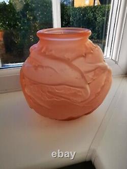 French/Czech Art Deco Pink Opaque Storks Art Glass Vase C1930's