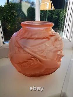 French/Czech Art Deco Pink Opaque Storks Art Glass Vase C1930's