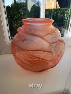 French/Czech Art Deco Pink Opaque Storks Art Glass Vase C1930's