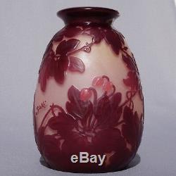 French Emile Galle Blown Out Soufle Vase Red Pink Clematis Flowers