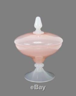 French Vintage White and Pink Milk Opaline Footed Pedestal Compote Box
