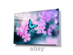 GLASS WALL ART Digital Printed Stunning HD BEAUTIFUL BLUE BUTTERFLY PINK FLOWER