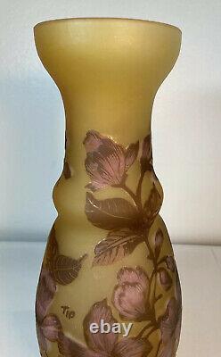 Galle Tip Cameo Glass Pink Lavender Blue Brown Flower Reproduction 12.5 Vase