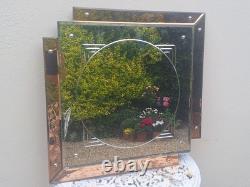 Genuine Art Deco Geometric Peach Pink Champagne Glass Etched Mirror FREE UK P&P