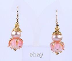 Genuine pink purple pearl, art glass flower earrings in 24k gold vermeil SS