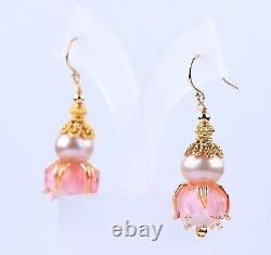 Genuine pink purple pearl, art glass flower earrings in 24k gold vermeil SS
