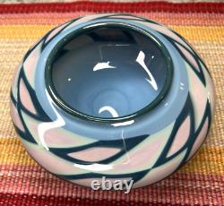 Geometric Lattice Pattern Blue PInk Studio Art Glass Bowl Vase Signed Fink