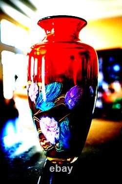 Gorgeous John Fields Studio Art Glass 11 1/4 Burgundy Red Vase Pink Floral