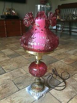 Gorgeous Vintage FENTON Cranberry TABLE LAMP GWTW Student Cabbage ROSE
