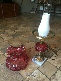 Gorgeous Vintage FENTON Cranberry TABLE LAMP GWTW Student Cabbage ROSE