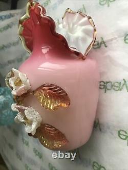 Gorgeous (fenton) Hand Blown Cased Art Glass Vase! Applied Flowers, Ruffled