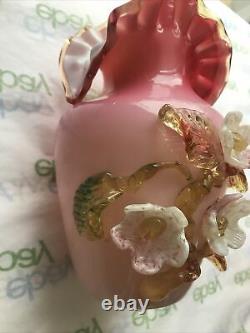 Gorgeous (fenton) Hand Blown Cased Art Glass Vase! Applied Flowers, Ruffled