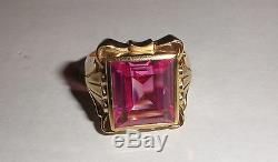 Great Vintage 10K Yellow Gold art deco ring pink glass stone size 10 10.2gr