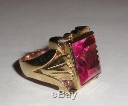 Great Vintage 10K Yellow Gold art deco ring pink glass stone size 10 10.2gr