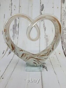 Hand Blown Art Glass Heart Abstract Sculpture GCA Murano Style Rose Gold Glitter