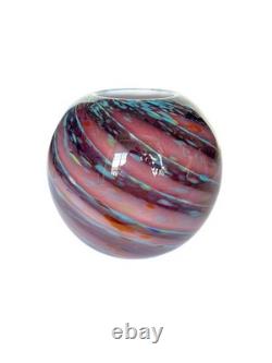 Hand Blown Art Glass Vase Pink Purple Blue Swirl Round Orb Studio Glass 8