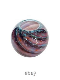 Hand Blown Art Glass Vase Pink Purple Blue Swirl Round Orb Studio Glass 8