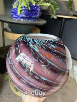 Hand Blown Art Glass Vase Pink Purple Blue Swirl Round Orb Studio Glass 8