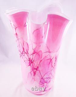 Hand Blown Murano Style Pink Brushstroke Handkerchief Ruffle Art Glass Vase 13