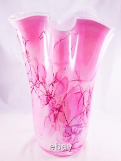 Hand Blown Murano Style Pink Brushstroke Handkerchief Ruffle Art Glass Vase 13