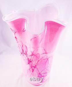 Hand Blown Murano Style Pink Brushstroke Handkerchief Ruffle Art Glass Vase 13