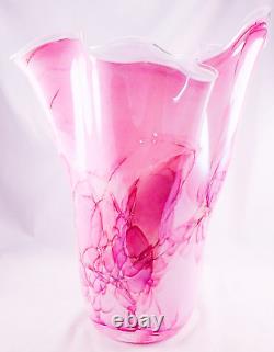 Hand Blown Murano Style Pink Brushstroke Handkerchief Ruffle Art Glass Vase 13