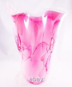 Hand Blown Murano Style Pink Brushstroke Handkerchief Ruffle Art Glass Vase 13