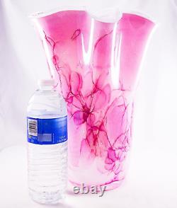 Hand Blown Murano Style Pink Brushstroke Handkerchief Ruffle Art Glass Vase 13