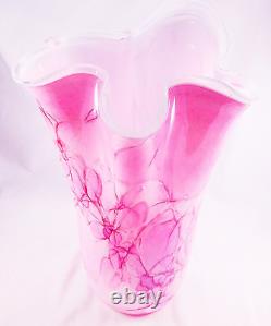 Hand Blown Murano Style Pink Brushstroke Handkerchief Ruffle Art Glass Vase 13