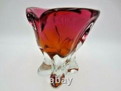 Hand Crafted Chribska Art Glass Vase pink and amber Czech