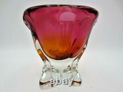 Hand Crafted Chribska Art Glass Vase pink and amber Czech