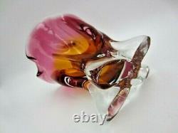 Hand Crafted Chribska Art Glass Vase pink and amber Czech