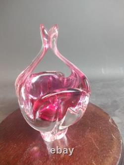 Hand Made Chribska Sklo Art Glass Czrech Flower Shaped Basket Cranberry Pink