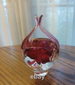 Hand Made Chribska Sklo Art Glass Czrech Flower Shaped Basket Cranberry Pink