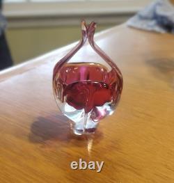 Hand Made Chribska Sklo Art Glass Czrech Flower Shaped Basket Cranberry Pink