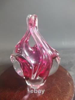 Hand Made Chribska Sklo Art Glass Czrech Flower Shaped Basket Cranberry Pink