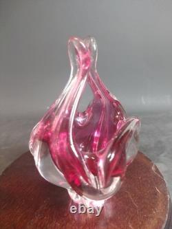 Hand Made Chribska Sklo Art Glass Czrech Flower Shaped Basket Cranberry Pink