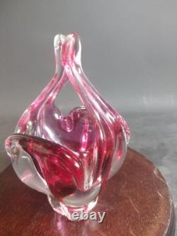 Hand Made Chribska Sklo Art Glass Czrech Flower Shaped Basket Cranberry Pink