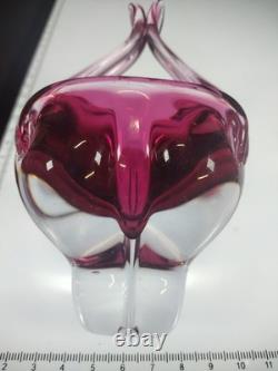 Hand Made Chribska Sklo Art Glass Czrech Flower Shaped Basket Cranberry Pink