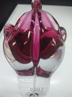 Hand Made Chribska Sklo Art Glass Czrech Flower Shaped Basket Cranberry Pink